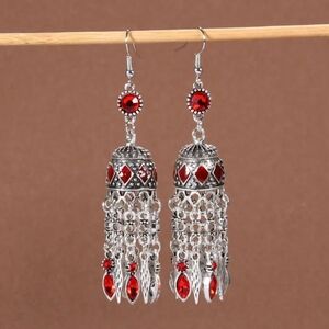Jhumkas Earrings Red Rhinestones and Silver Drop Earrings